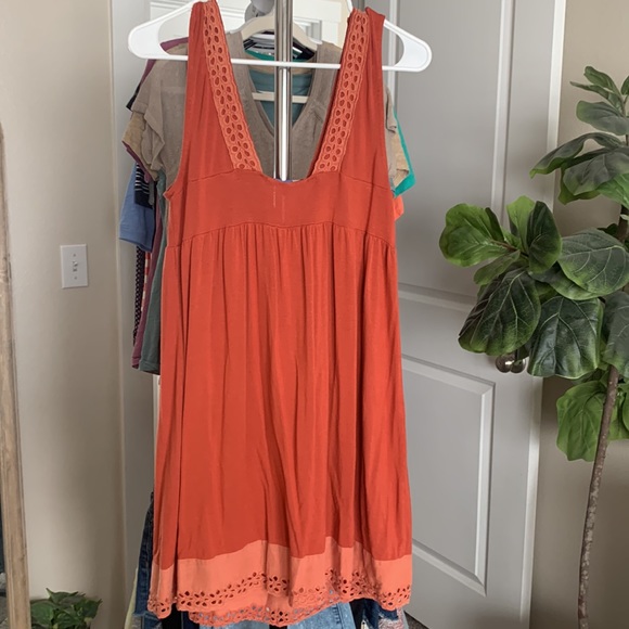 BlueHeaven babydoll rust color mini dress boho beach lace trim size Lg (juniors) - Picture 5 of 7